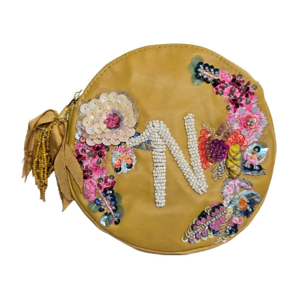Anna Harlow x Anthropologie Mustard Leather Monogram 'N' Beaded Floral Pouch